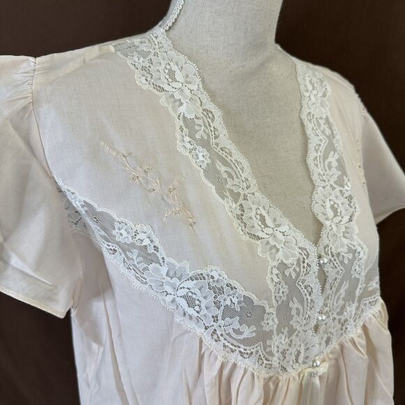 Vtg 80's Lindsey Blake Cotton Blend Pink Puffy Sleeve Lace Victorian Nightgown L - Picture 3 of 8